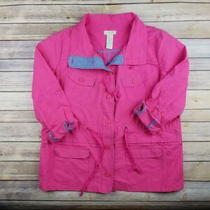 Caribbean Joe Womens L Bright Pink Raincoat Light Jacket Roll Over Sleeve
